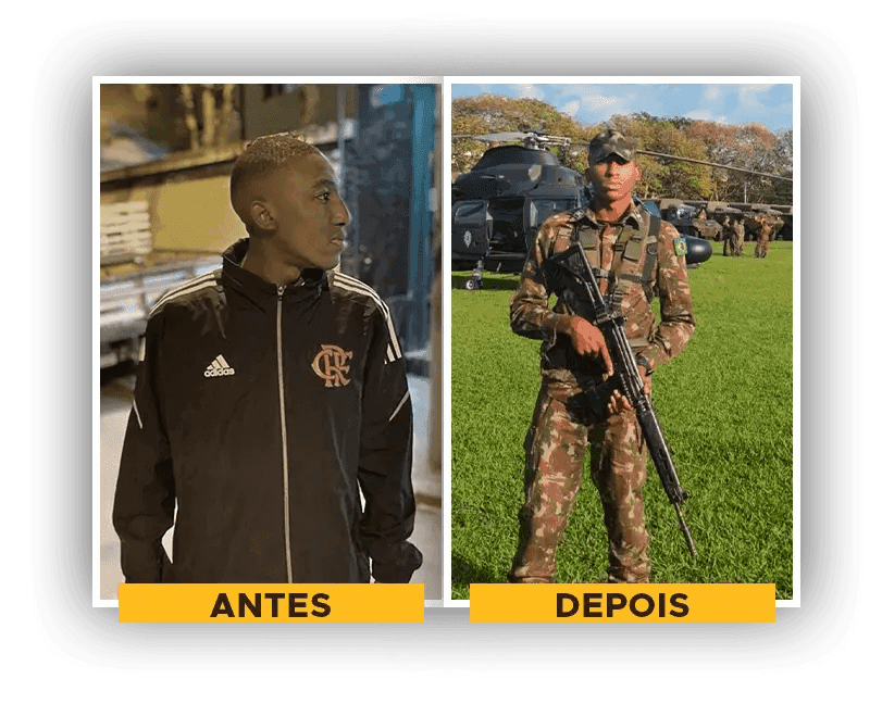 Aluno do Universo Militar antes da preparação e depois de aprovado, fardado
