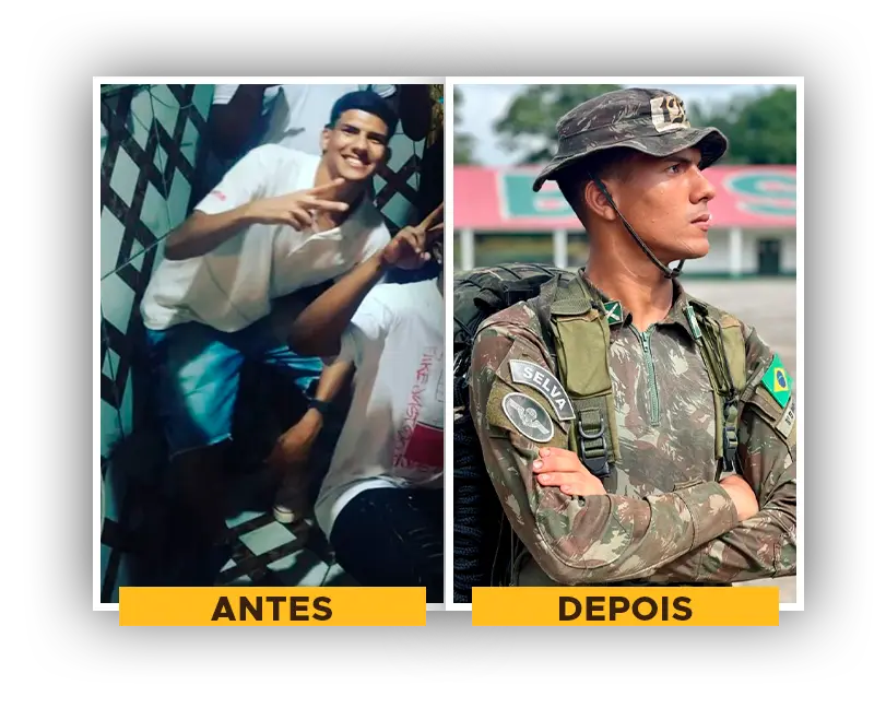 Aluno do Universo Militar antes da preparação e depois de aprovado, fardado