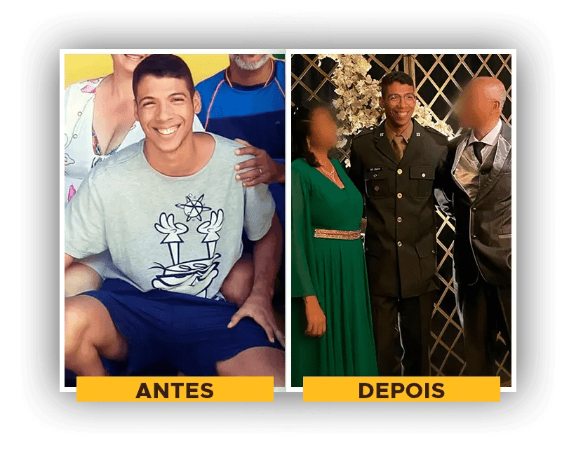 Aluno do Universo Militar antes da preparação e depois de aprovado, fardado