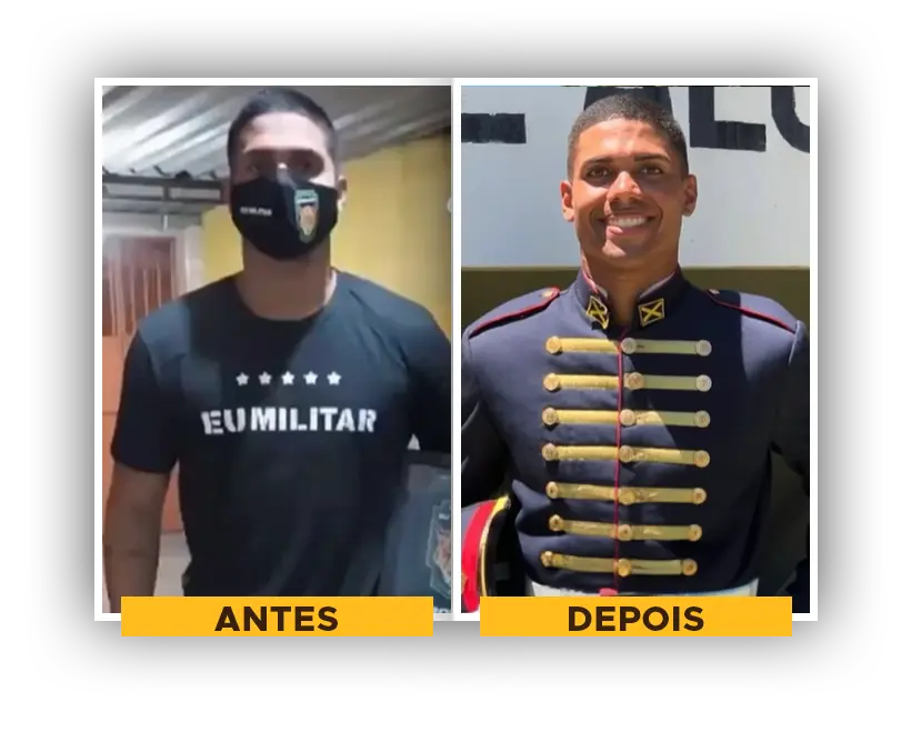 Aluno do Universo Militar antes da preparação e depois de aprovado, fardado